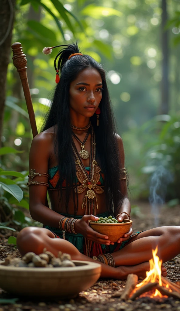 She is seated on the forest floor, surrounded by the lush greenery of the Amazon rainforest, with dappled sunlight filtering through the dense canopy above. Her expressive dark eyes reflect wisdom and strength, and her long, straight black hair flows freely, adorned with vibrant feathers and handcrafted beads. Her attire is composed of traditional woven fabrics and organic materials, showcasing intricate patterns and natural hues that represent her tribe's cultural heritage.

She is performing a spiritual ritual, holding a sacred artifact—an intricately carved wooden bowl filled with symbolic elements like seeds, leaves, and small stones. Around her, the scene is enriched with cultural items: a ceremonial staff, traditional ornaments, and a small fire emitting gentle smoke, symbolizing her connection to the spiritual realm.

The cinematic lighting highlights her serene features, with warm tones accentuating her skin and the textures of her surroundings. The interplay of light and shadow creates depth, while soft bokeh effects blur the forest backdrop, drawing focus to her presence. Rendered in 8K resolution with 24-bit color, the details of her attire, the artifacts, and the natural setting are hyper-realistic. Advanced HDR and stable diffusion techniques enhance the vibrancy of the forest and the intimacy of the scene, creating a powerful, lifelike composition that embodies her role as a guardian of her cultural and spiritual traditions.