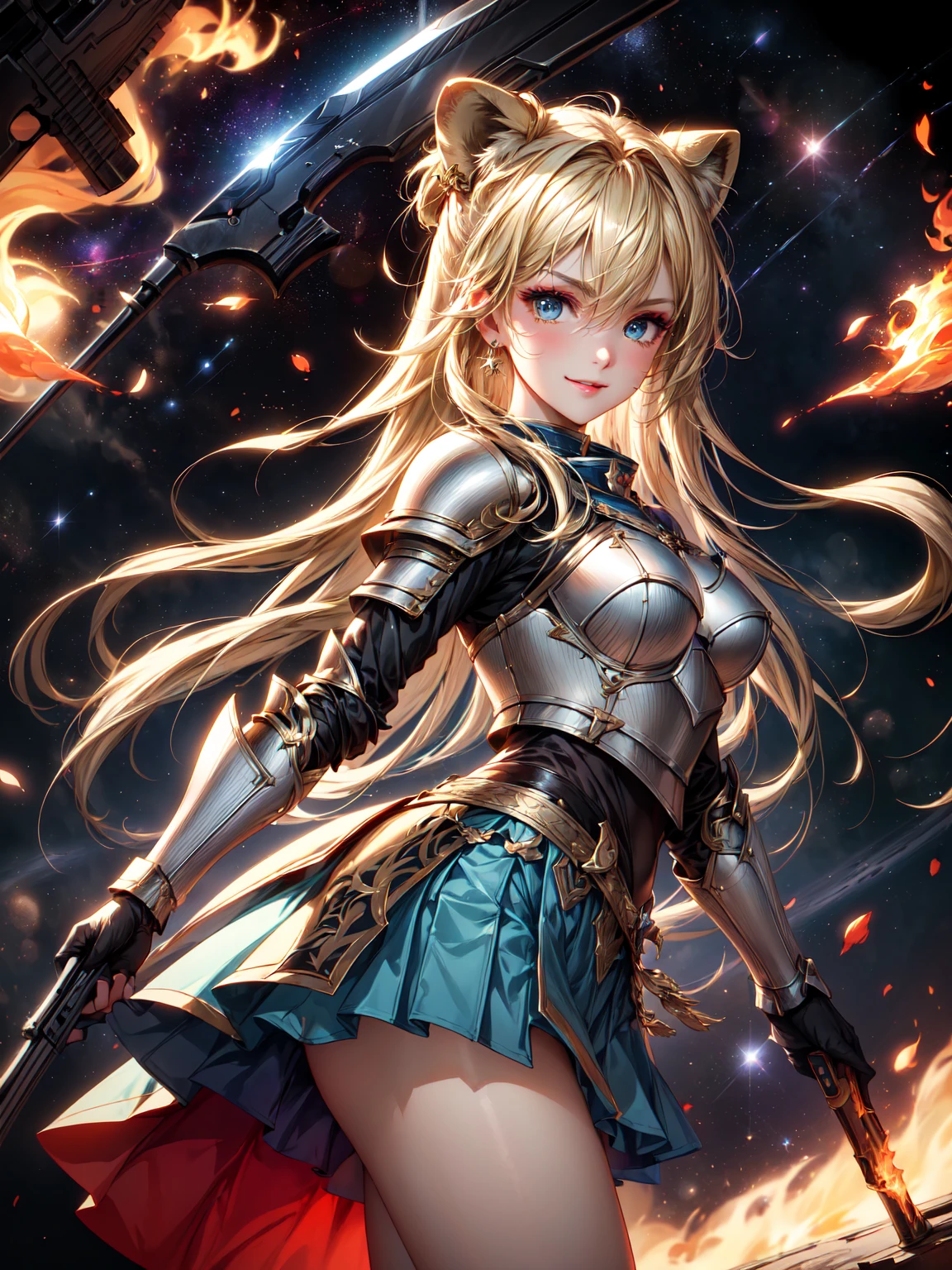 Idol,   with an adult-like face 、(  and hold up your gun  : 1.5)、 penetrates 、(  mini skirt and colorful and flashy flame armor combat uniform   : 1.5)、(派手なIdolの服装 : 1.5)、(  blonde long hair  : 1.5), (  I have a sword of fire  : 1.5), (stand up : 1.3), (  charming eyes :1.3)、  beautiful blonde  ,   blue eyes、 best smile、(Space Background : 1.3),（masterpiece:1.0),( top quality:1.0), 超  high image quality,4K,   very detailed,  high image quality,   Kodak portrait 400  ,   film grain ,   Lens Flare Glow   ,  top quality, 8k,    with the beak of an male lion {x} as a portrait shot  ,8k、   viewer , (((Front View))), ((facing))、(   screen early : 1.5)、  6 feathers with a small face ,  top quality、 Super beautiful images、 top quality,  Anime Style ,  facial beauty, masterpiece、 there is nothing、The best eyes, Beautiful Makeup、 top view 