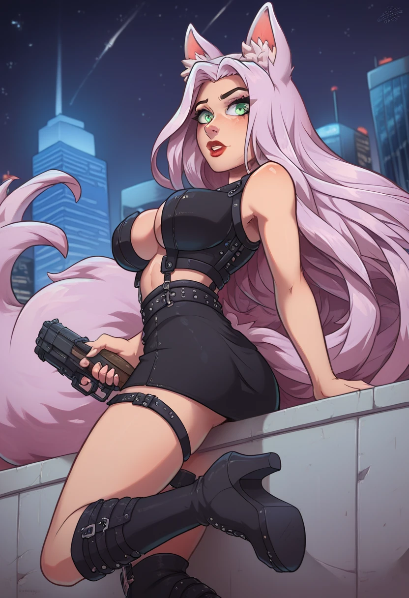 1 girl with fox ears and a fox tail, extremely long flowing lavender hair, pale green eyes, ornate purple and blue spec ops outfit belts and buckles and guns and straps, back skirt, thighs, high heel boots, low cut cleavage, red lips, night, city, skyline, stars, close up of face, worried, sincere, concern expression