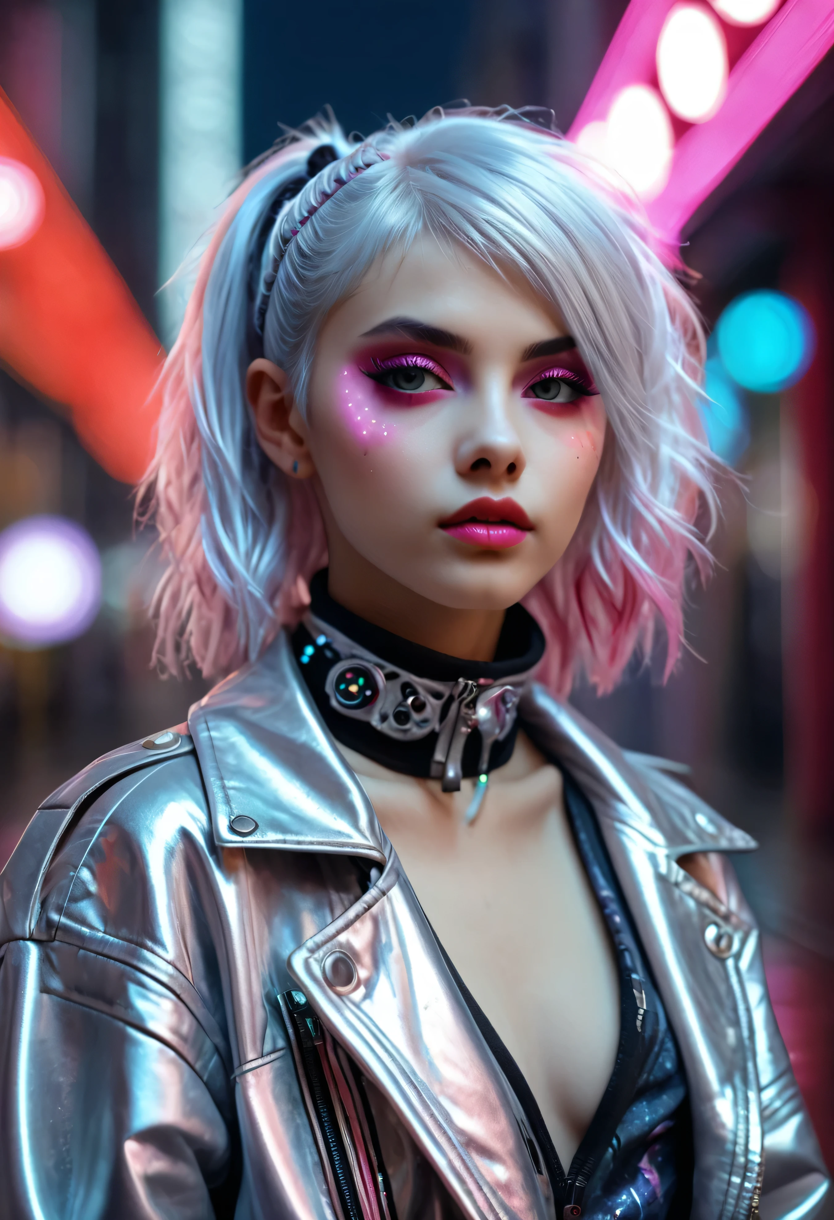 Lucy \(cyberpunk\), 1girl, teen girl, petite girl, young beautiful punk girl, hair scrunchie, hime cut, silver hair, colored tips, full moon, grey eyes, jacket, long sleeves, looking at viewer, medium hair, multicolored hair, parted bangs, parted lips, pink hair, portrait, red eyeliner, red lips, solo, underboobs, cyberpunk \(series\), rainy night in a cyberpunk city with glowing neon lights, jacket, perfect eyes, smokey eyes, smirking, blushing, freakless, full nude body, perfect nude women body, nude bottomless, shaved pussy, young pussy, soft pubic, detailed vagina, ,　high quality, nude, small bresat, flat breast, flat chested, soft pubic hair, naked flat , detailed very small , ultra detailed nude body, ((young girls pussy)), ((vagina perfect))