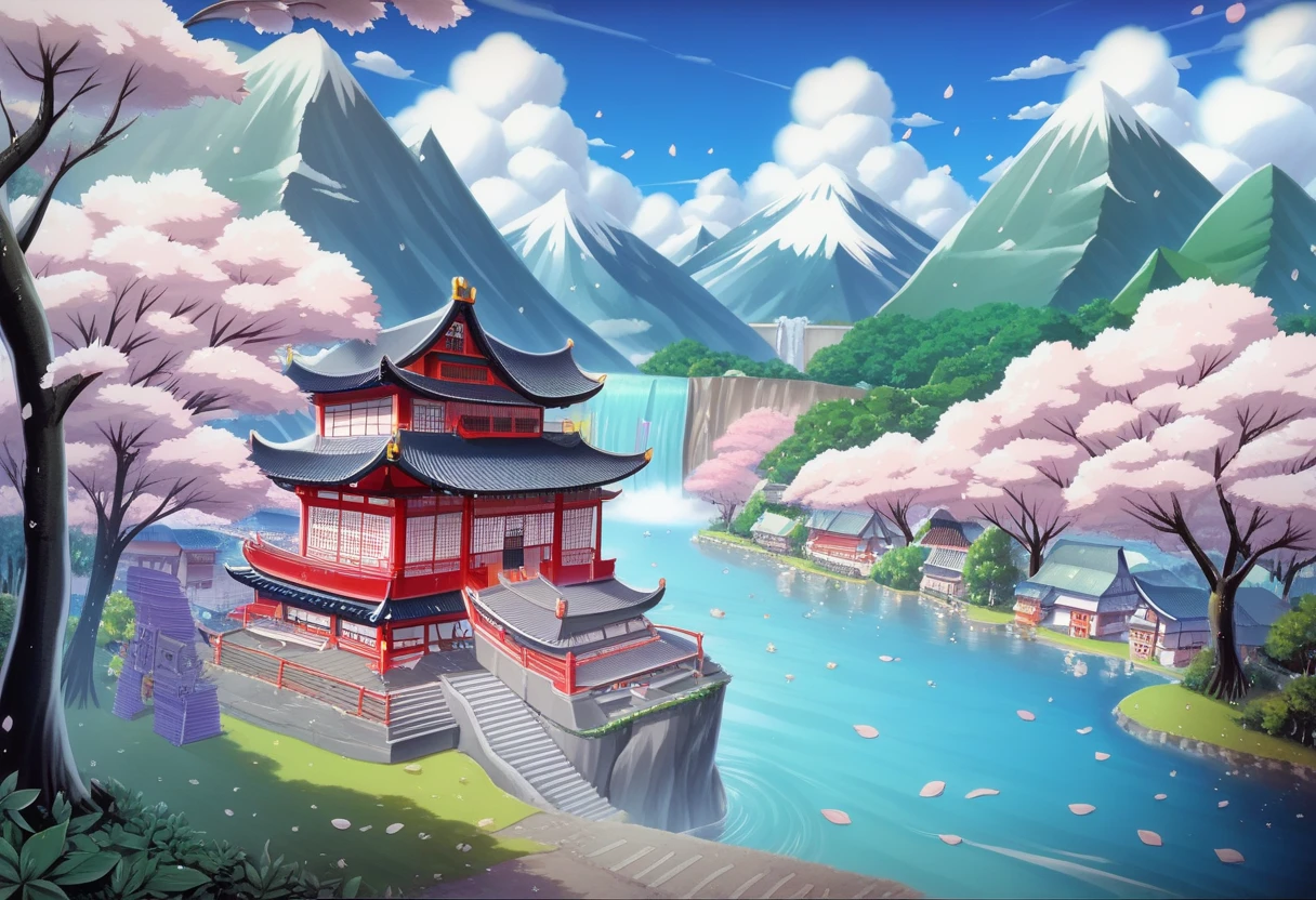   -inspired jigsaw puzzle 。Picture of a mountain with a tower and a waterfall, Kawase Hasui ,   reddit contest winner  , Ukiyo-e,  Japanese Scenery, Japanese art style, mount Fuji on the background, mount Fuji, Japanese art, Japanese Mountains,  View of a pond reflecting Japan's nature , Japanese art art, traditional Japanese art,  m . Fuji, japanese village, Japanese Temples