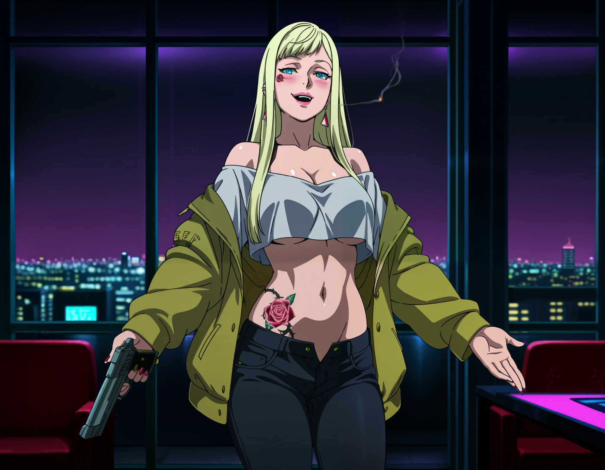 1girl,solo,Andalucia,blonde hair,long hair,blue eyes,earrings,anime coloring,
ear piercing, long hair, blush, lipstick,Hot girl, baddie, bad attitude, mean girl,smoking, sensual, attractive,  indoors, bar background, inside bar, quality,4k, bare shoulder,belly,crop top,holding pistol,cleavage, unbuttoned shirt,shirt, knot, indoor,smile, open mouth, (nsfw) not safe for work, evil expression, exposed belly, exposed navel, exposed midriff, exposed lower belly, crop top overhang, underboob,jacket, unbuttoned jeans , low rise black jeans, Low rise jeans, Low rise jeans with open fly, cityscape, building, nightclub, city lights, dragon tattoo, tattoo on body, tattoo midriff, rose tattoo, shiny skin, open arms sideway, arms T-pose, smirk, standing, anime girl T posing