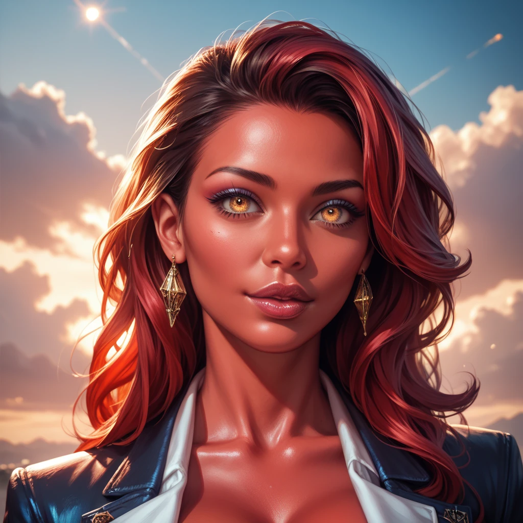 a woman with a small penis, red skin, in the sky with many voluptuous women around her, detailed face, beautiful eyes, detailed lips, highly detailed, 8k, photorealistic, professional, vibrant colors, dramatic lighting, fantasy, surreal