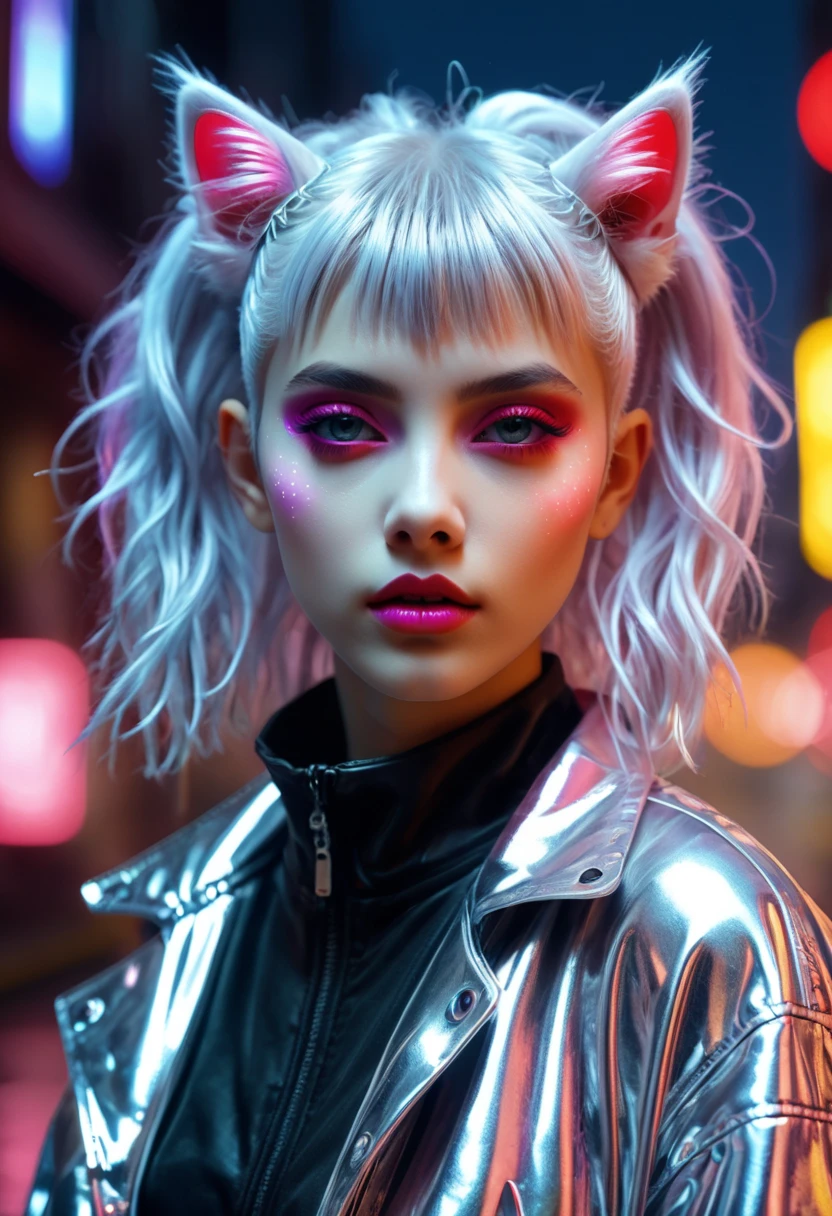 Lucy \(cyberpunk\), 1girl girl, petiterl, young beautiful punk girl, hair scrunchie, hime cut, silver hair, colored tips, full moon, grey eyes,, long sleeves, looking at viewer, long floating hair, multicolored hair, parted bangs, parted lips, pink hair, portrait, red eyeliner, red lips, solo, underboobs, cyberpunk \(series\), rainy night in a cyberpunk city with glowing neon lights, jacket, perfect eyes, smokey eyes, smirking, blushing, freakless, full nude body, perfect nude women body, nude bottomless, shaved pussy, young pussy, soft pubic, detailed vagina, ,　high quality, nude, small bresat, flat breast, flat chested, soft pubic hair, naked flat , detailed very small , ultra detailed nude body, ((young girls pussy)), ((vagina perfect))