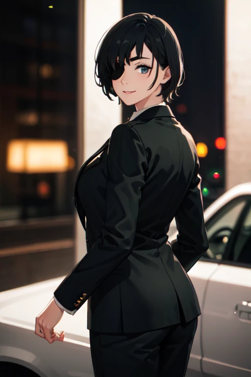 photorealistic, (4k), depth of field, (Masterpiece), (realistic skin texture), extremely detailed, intricate, hyper detailed, professional photography, bokeh, high resolution, sharp detail, best quality, woman, short hair, black hair, eyepatch, blue eyes, suit, necktie, white collared shirt, suit pants, dynamic pose, (turned away but looking back over her shoulder), shopping,light smile