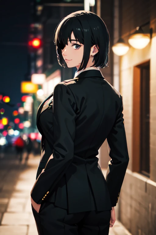 photorealistic, (4k), depth of field, (Masterpiece), (realistic skin texture), extremely detailed, intricate, hyper detailed, professional photography, bokeh, high resolution, sharp detail, best quality, woman, short hair, black hair, eyepatch, blue eyes, suit, necktie, white collared shirt, suit pants, dynamic pose, (turned away but looking back over her shoulder), shopping,light smile