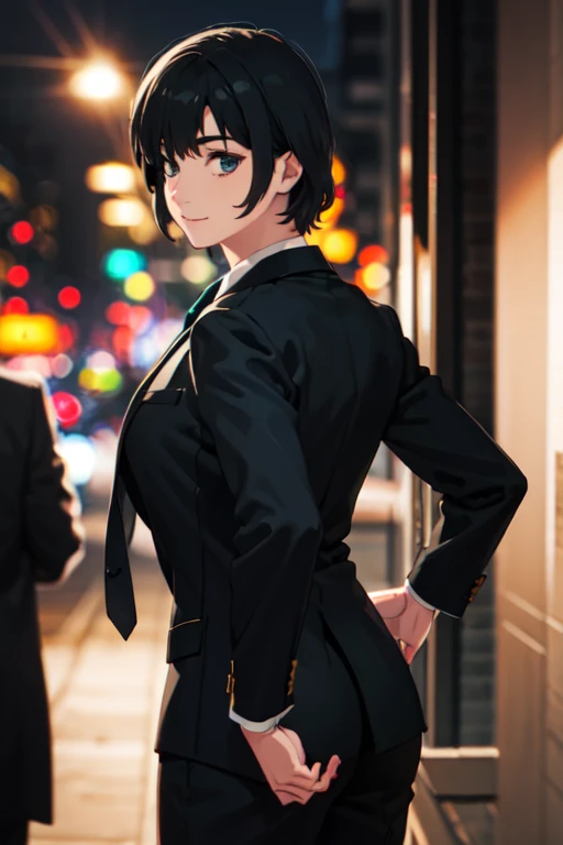 photorealistic, (4k), depth of field, (Masterpiece), (realistic skin texture), extremely detailed, intricate, hyper detailed, professional photography, bokeh, high resolution, sharp detail, best quality, woman, short hair, black hair, eyepatch, blue eyes, suit, necktie, white collared shirt, suit pants, dynamic pose, (turned away but looking back over her shoulder), shopping,light smile