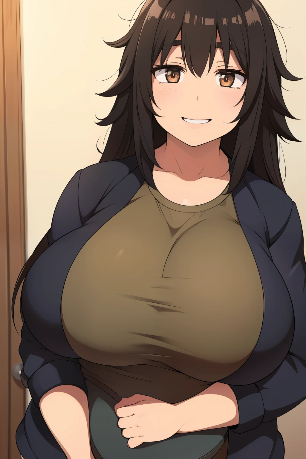 Chubby girl with big breasts brown eyes medium long and messy black hair smiling