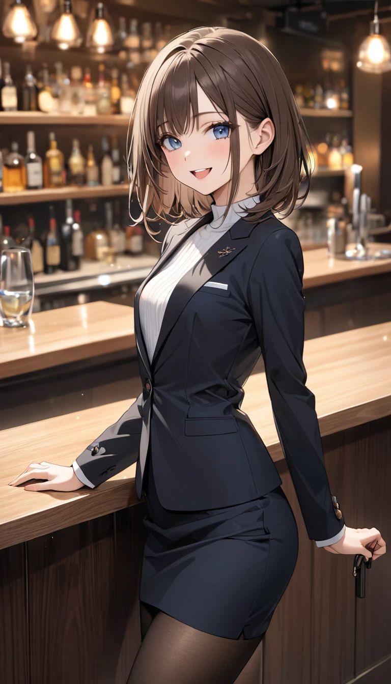  masterpiece,  top quality,   very detailed, Thin legs、 small breasts,   beautiful details, fine texture,  fine skin,  beautiful adult woman at the bottom of the room , Alone, Happy smile, ,  open mouth,   deep blue eyes , Brown Hair, Right-parted bangs,   Long Sleeve  , white, slash neck  ,  black suit jacket ,   Black Pencil Skirt,   black pantyhose , night、Stylish bar、 counter、 blurry background,