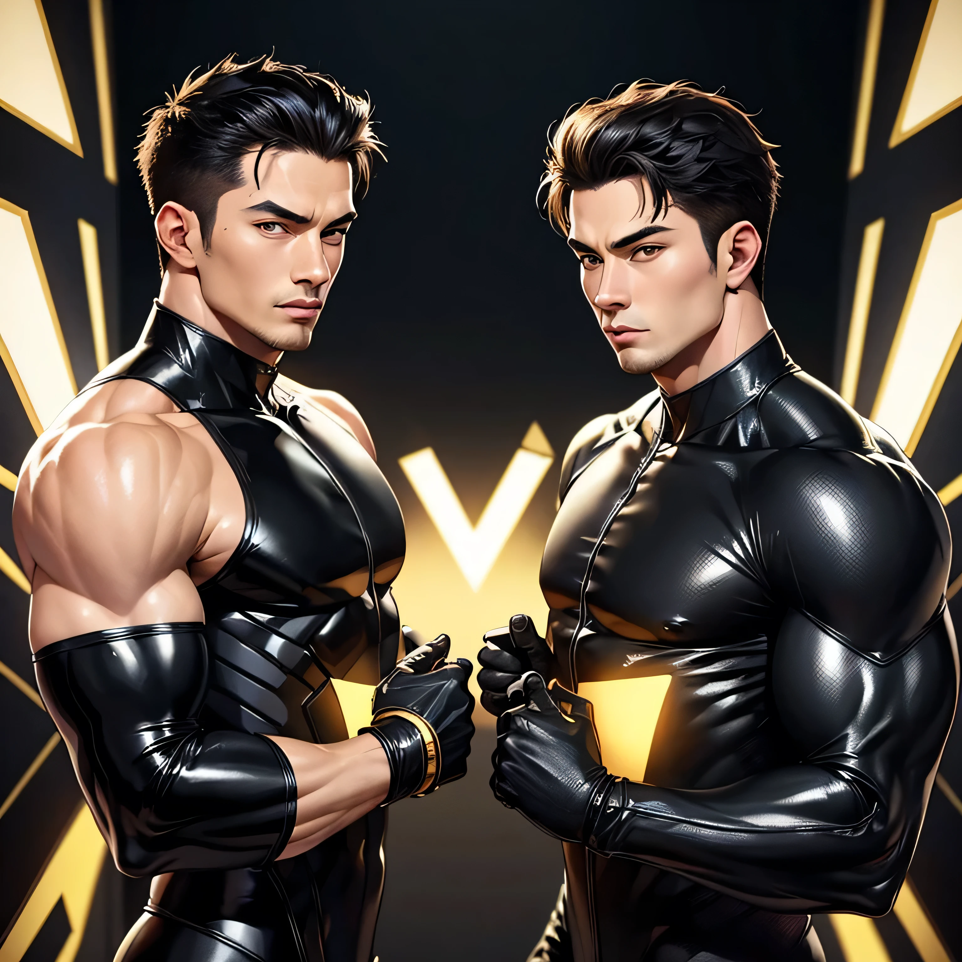 29 years old。two handsome guys、Muscular、Black bodysuit、Shocker&#39;s Belt、bedroom、 cool battle pose 、Combatant、Muscular、Gay、Men。 looking at camera、 upper body lift with an emphasis on facial expression、Black and brown hair　 upper body lift with an emphasis on facial expression　smile　 face up