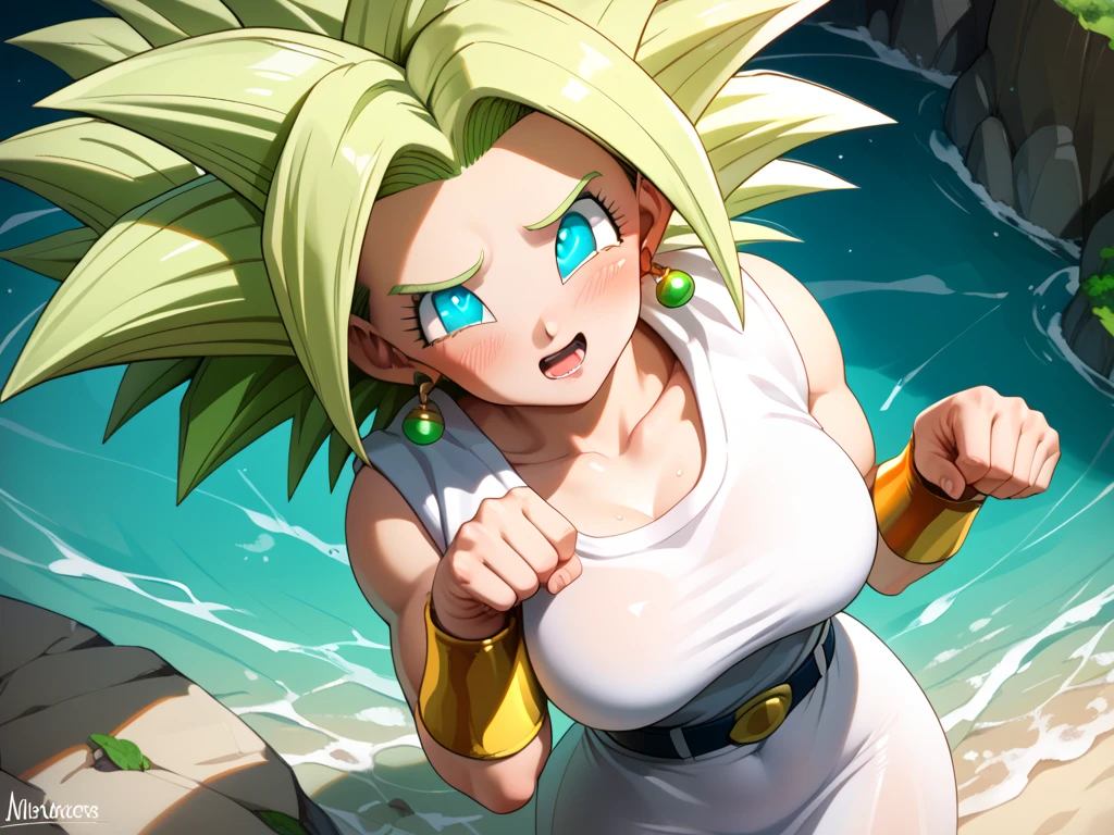 ((Black line work  )),   detailed line work  ,  Slim abs , ((  Masterpiece )), (( Golden Ratio )), ((dynamic)), ((natural)) ((  Best Quality )), (( ultra detailed)), ((  kefla dragon ball super  )), {1 woman}, { neon green hair }, { super saiyan style}, {  Dragon Ball Super character style }, Blue eyes, 2 green earrings, {{sexy}},  big breasts,  big legs ,  big butt, Brilliant tattoo , {{ perfect anatomy }},  score_9,  score_8_above,  score_7_above,  score_6_above,  uncensored, digimon_\(creature\), he&#39;s a mujer, blonde hair, angel_alas, emplumado_alas, winged_hull, hull, BREAK ( Masterpiece:1.2),  Best Quality ,  high resolution ,( detailed eyes :1.3),  perfect lighting ,(perfect hands,  Perfect anatomy ),  Big Tits, asymmetric_Clothes, belly button, multiple _alas,  belt, neckline, airtight_correa, Alone_shoulders, BREAK,  blushed face, ashamed, paw pose, dress, white dress, neckline, 