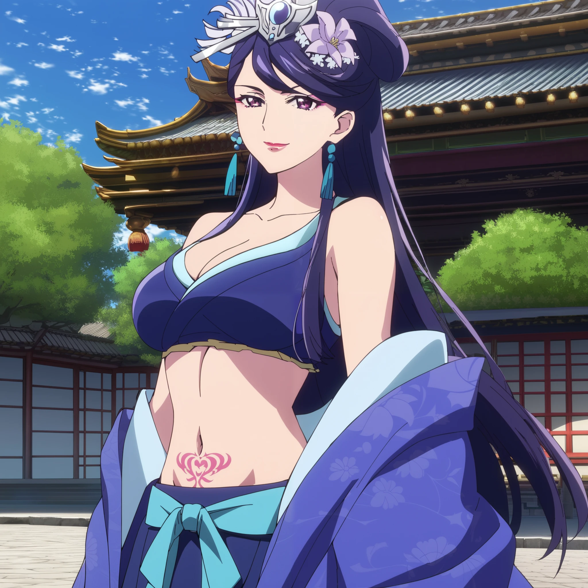 score_9, score_8_up, score_7_up, source_anime, anime screenshot,in a palace
1girl, solo, Purple hair, purple eyes, long hair, large breasts, makeup, Hanfu, lipstick, masterpiece, best quality, highly detailed, a anime girl in kimono dress ,holding sword, bare
shoulder,open kimono, evil smile, open mouth, crop top , (nsfw) not safe for work, smile, ecchi anime
style, anime girls, ecchi style, ecchi, digital anime art!!, in anime style, official artwork, visual novel cg,
beautiful anime girl, anime style 4 k, kimono pencil skirt, exposed belly, exposed navel,
exposed midriff, exposed lower belly, outdoor, japanese architecture, temple, dragon tattoo tattoo on body, tattoo midriff, tattoo, shiny skin,open arms sideway, arms T-pose, smirk, standing, anime girl T posing