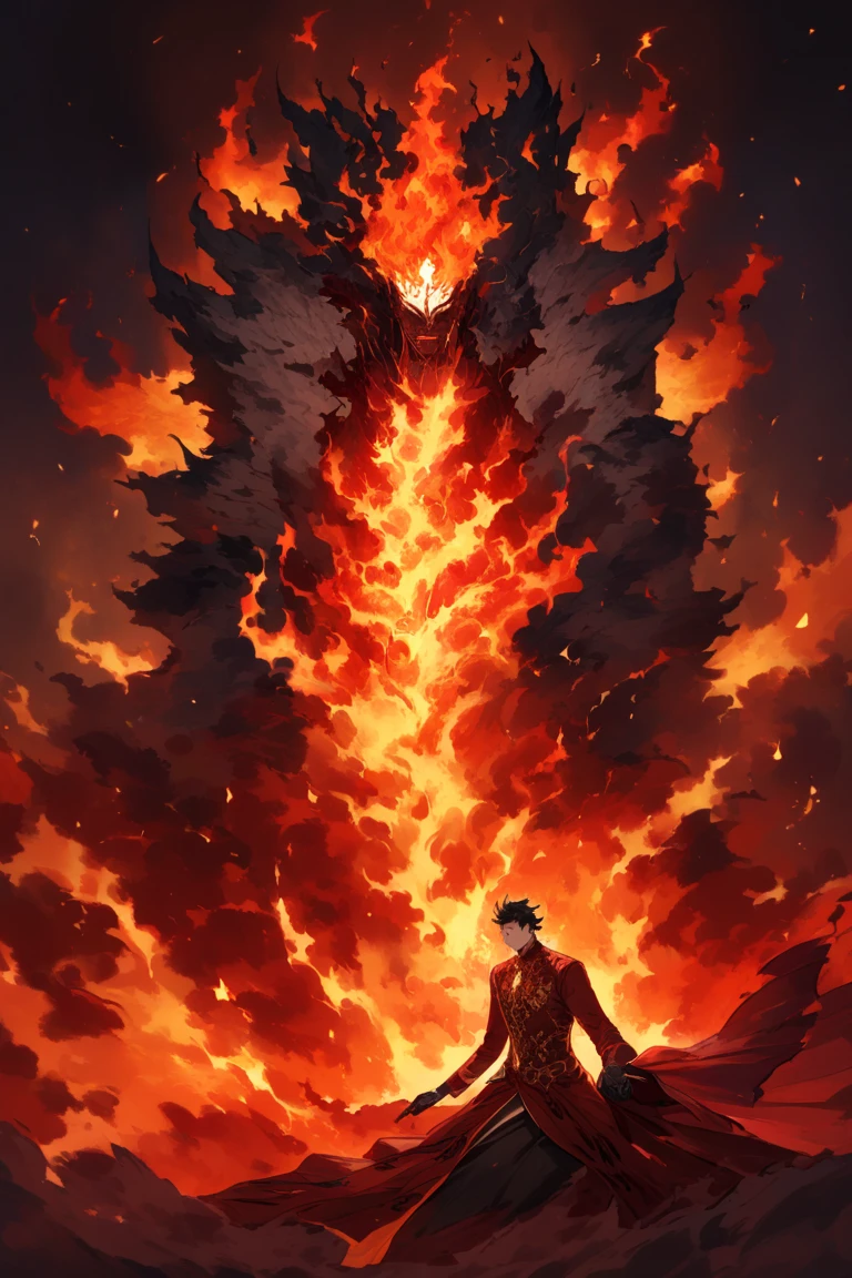 (SHOUNEN ART STYLE) Make a anime man,  Tsuji embodied the essence of fire with an appearance that radiated warmth and intensity. His form-fitting shirt was a brilliant crimson, adorned with swirling, ember-like patterns that seemed to flicker and glow as he moved, mimicking the fury of flames. The material looked almost alive, shifting hues from deep red to orange and yellow at the edges, creating an illusion of flickering flames licking at his silhouette. His dark, fitted pants complemented the ensemble, while sturdy combat boots added an adventurous flair, grounding him with an air of confidence.

Tsuji’s wild, spiky black hair was striking, resembling the dancing tongues of fire that sparked and crackled with energy. It framed his chiseled face, accentuating his bold features and strong jawline. His eyes were a captivating mix of golden amber and fiery red, igniting with determination and passion, yet shadowed by the sorrow of recent events that weighed heavily upon his spirit. When he spoke, his voice boomed across the room with infectious enthusiasm, echoing the roar of a vibrant flame that could not be ignored. 

Despite the bravado he displayed, Tsuji's heart carried the weight of loss, and in quieter moments, his gaze would drift as he reminisced about what could have been had Akira stood beside them. He was an inspiring figure, a beacon of bravery and resilience, intricately woven from the very fabric of celestial fire, illuminating the darkness around him while grappling with the flickering shadows of grief