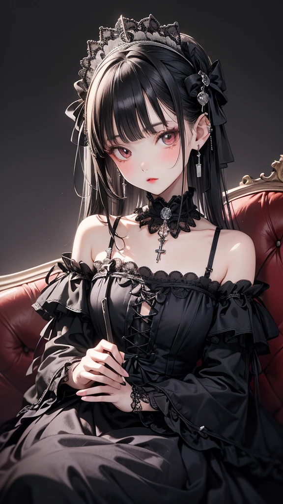 highres, ultra detailed, (1 young beautiful girl, solo:1.1),gothic style, dark clothing, black lace, corsets, velvet, chokers, dramatic makeup, brooding accessories, mysterious aura