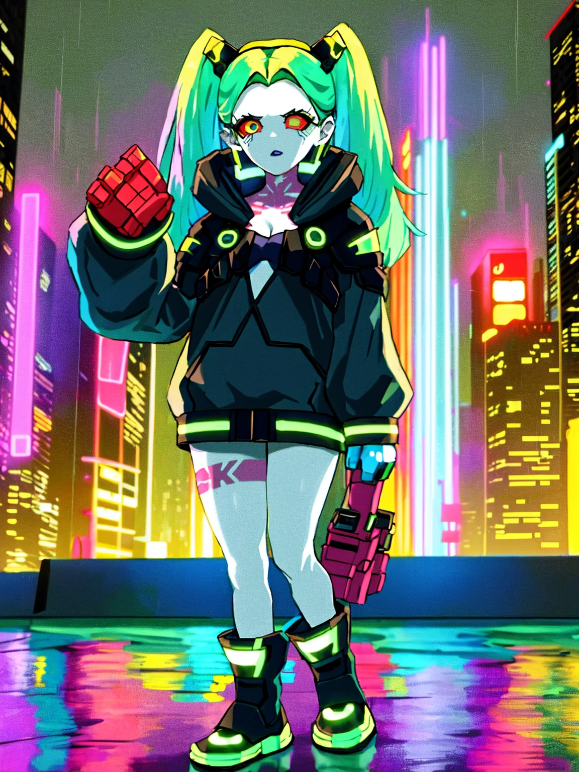 Rebecca\(Cyberpunk\), 1girl, green hair, colored tips, full moon, With red eyes, Jacket, Long sleeves, view the viewer, Medium hair, Colorful hair, Bangs separated, lips parted, Pink-haired, full body, Redlip, Solo, black jacket, cyber punk character\(Series\), Rainy night in neon-lit cyberpunk city,Two-dimensional,cyberpunk edgerunners