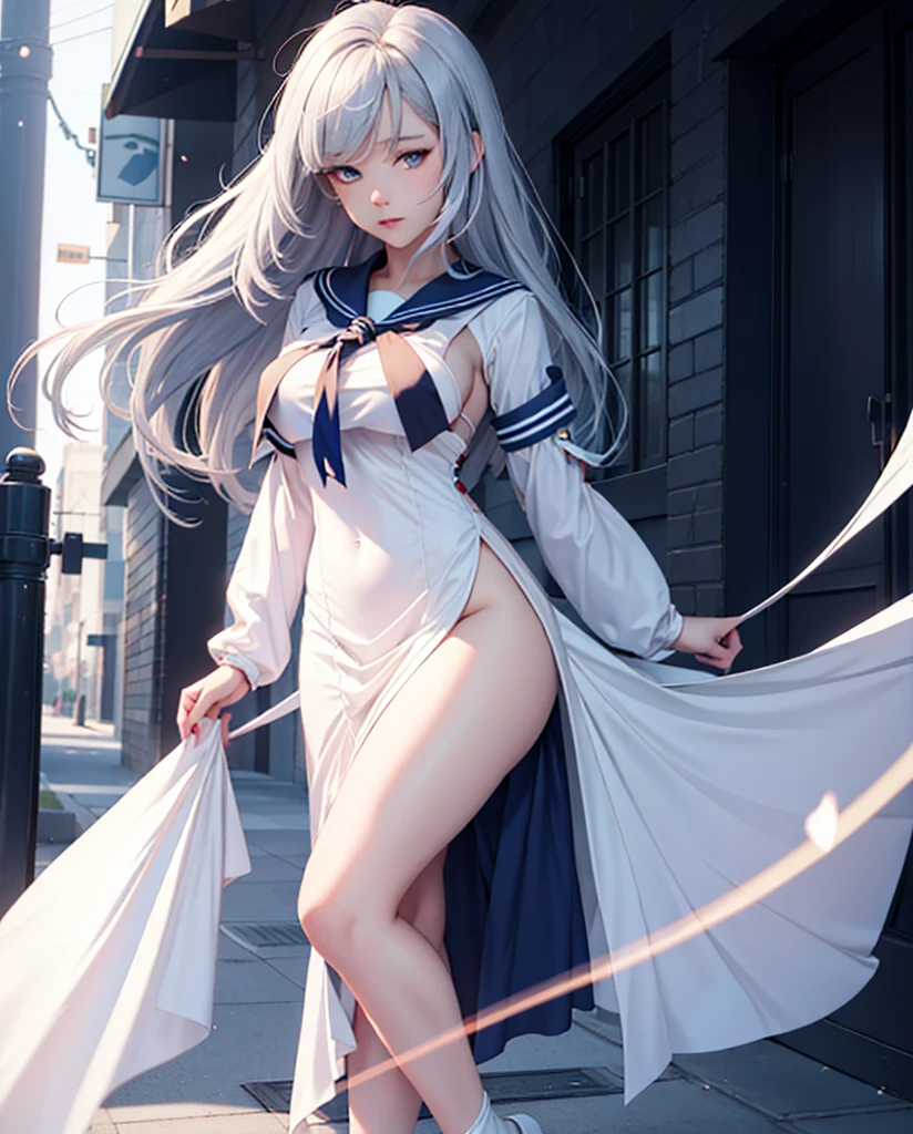 Blonde gray hair, Straight hair, Spread hair, Long hair, PUPILS SPARKLING, long eyelashes, Blue eyes, makeup, Smile, Color Field Painting, Contemporary art,double whirlwind pattern design garment,Iris heterochromatic pupil,((girl with silver ponytail))((off-shoulder white sailor uniform)),((red necktie))、((Navy blue detailed flared miniskirt))((Black stockings))((Black High Heels))、Wallpaper HD of,off shoulders、((erectile nipple))、(Puffy eyes:1.2)、 (Slim legs),(Light shines on the face and chest)、(((((underboob)))))、Lower breast、Oily skin、skinny、 (the underside of the chest is slightly visible),(Visible lower milk、I can see your belly button and ribs)、Hip bones and lower abdomen are visible、Dark blue flared skirt、(lift up skirt),((White T-back panties visible)),((Milky Way galaxy in the background))、 Northern Renaissance, Blurred, blending, From below, From Side, the panorama, ultra wide-angle, Wide Angle, F/1.8, 135 mm, canon, nffsw, retinas, masutepiece, Elaborate, Anatomically correct, Skin Texture, Super Detail, high detailing, High quality, hight resolution, 1080p, hard disk, 4K, 8K, of the highest quality, Sexy Pose , serafuku, Japanese school sailor uniform, darkblue pleated skirt:1.27), (From below, White thong, 1.24),(top-quality)、 (masterpiece)、(Professional lighting with fewer shadows)、 (A hyper-realistic)、 (perfect anatomia)、 (In front of the camera、There are two women、Bangs and forehead、And moles under the eyes), (Bright and even whitening skin without wrinkles and steps:1.5), (Beautiful blue eyes with long eyelashes and red tear bags:1.5), (Two people proudly sticking out their chests in front of the camera.:1.2), (Another person on the other side、Turned back with arched hips)、