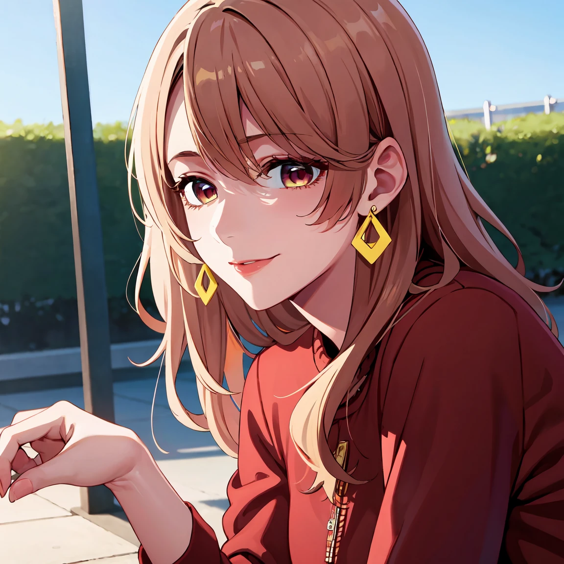 (masterpiece,hires), (2.5D:0.2), attractive woman, 1girl, long hair, miyakosaitou,(mature female) , female focus,jewelry , earrings, jacket , red shirt,,   outdoors. , simple background,  looking at viewer, natural lighting,     shopping light smile