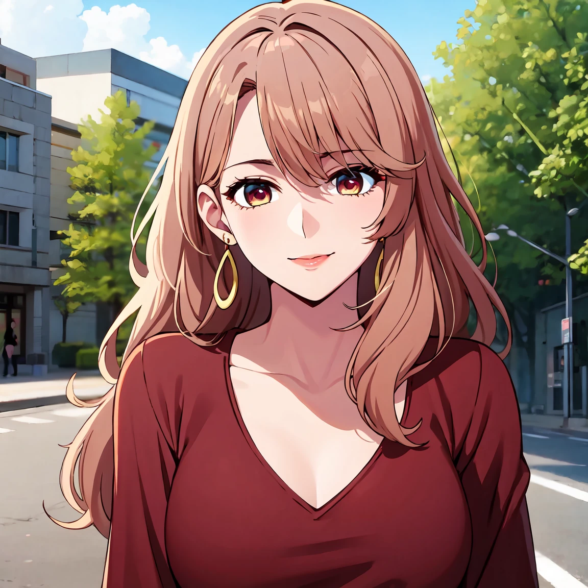 (masterpiece,hires), (2.5D:0.2), attractive woman, 1girl, long hair, miyakosaitou,(mature female) , female focus,jewelry , earrings, jacket , red shirt,,   outdoors. , simple background,  looking at viewer, natural lighting,     shopping light smile