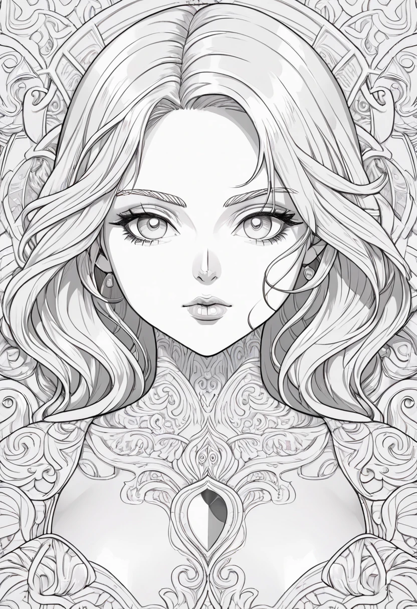 Coloring book for adults. Only black and white. low detail only main line. beautiful sensual nude and erotic woman with massive breasts. The breasts are not covered by anything. white background. white colors. full body view of blonde woman. (Ultra detailed:1.3) ((((best quality))) ,