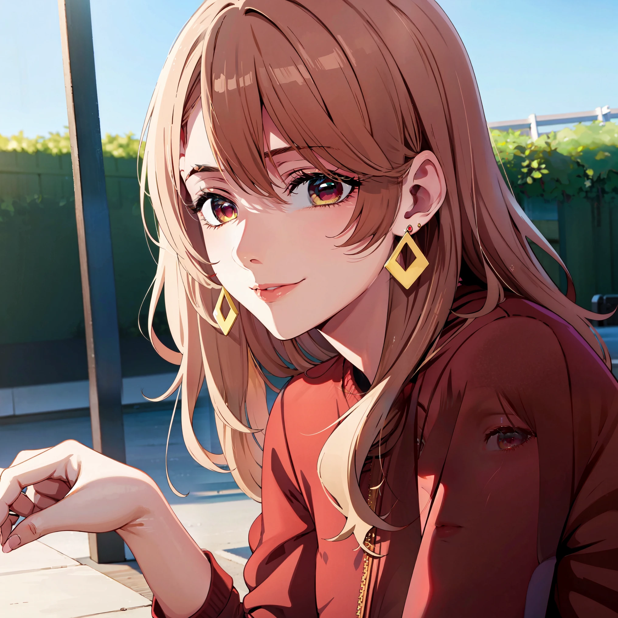 (masterpiece,hires), (2.5D:0.2), attractive woman, 1girl, long hair, miyakosaitou,(mature female) , female focus,jewelry , earrings, jacket , red shirt,,   outdoors. , simple background,  looking at viewer, natural lighting,     shopping light smile