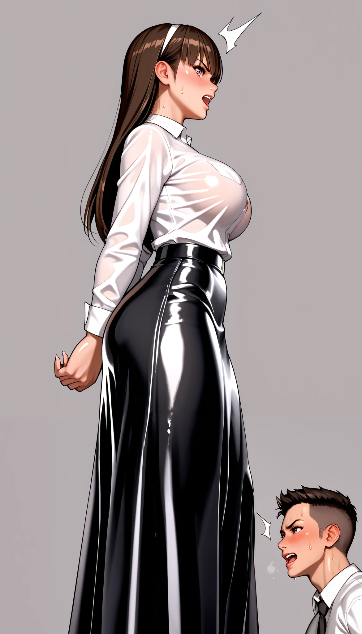 DOALeiFang, LeiFangDOA, gasp, {{{1 girl and 1 male}}}, {{{{ Man holding girl's thighs }}}}, shiny black tight leather slit long skirt, shiny white business shirt, arm-behind-back, {{ and bend your body backwards }}, OL, be breathless, sweat, sparkling sweat, trembling, long brown straight hair, breasts, [[angry]], blush, {anguish}, {{shameful}}, from side, from below,