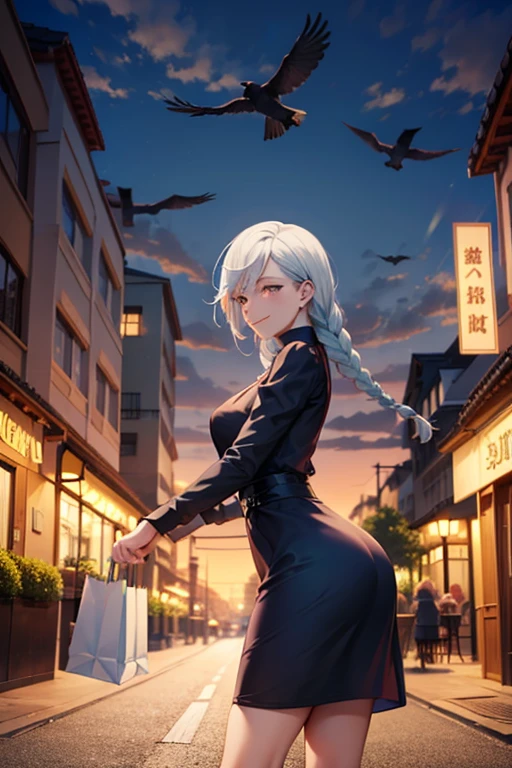 masterpiece, best quality, high quality, 
outdoors, street, 
looking at viewer, 
1woman, white hair, braided, black dress, Mei Mei from Jujutsu Kaisen, crows flying,shopping,light smile