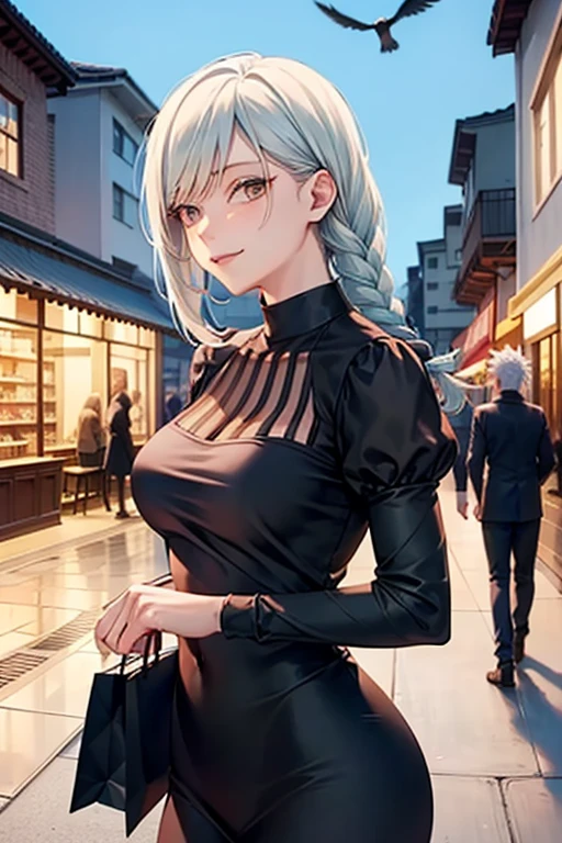 masterpiece, best quality, high quality, 
outdoors, street, 
looking at viewer, 
1woman, white hair, braided, black dress, Mei Mei from Jujutsu Kaisen, crows flying,shopping,light smile