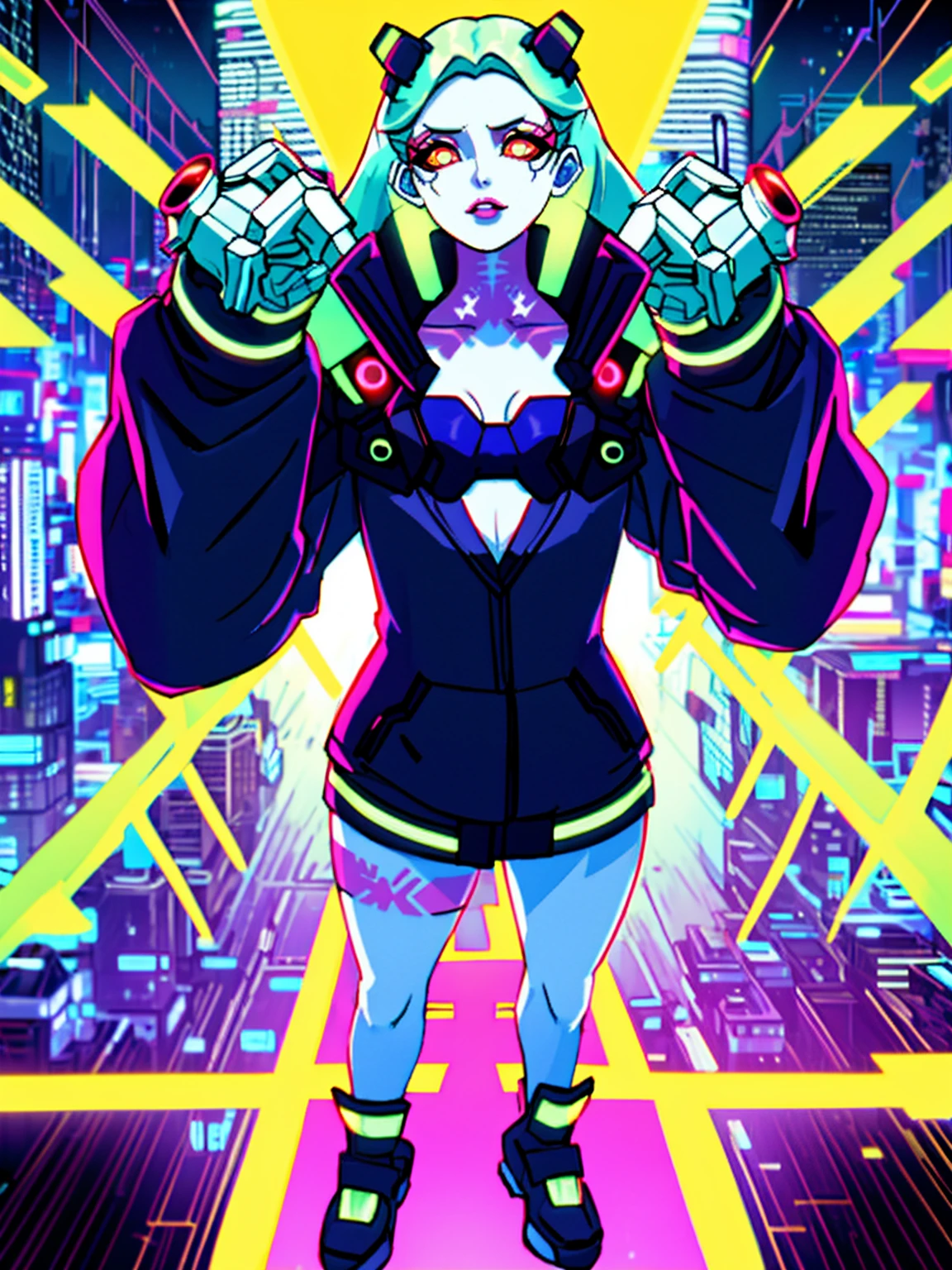 Rebecca\(Cyberpunk\), 1girl, green hair, colored tips, full moon, With red eyes, Jacket, Long sleeves, view the viewer, Medium hair, Colorful hair, Bangs separated, lips parted, Pink-haired, full body, Redlip, Solo, black jacket, cyber punk character\(Series\), Rainy night in neon-lit cyberpunk city,Two-dimensional,cyberpunk edgerunners