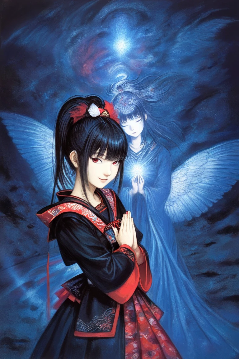 by Yoshitaka Amano, (Broad lighting),  Low Key Lighting, Picturesque, fantasy(  fantasy art , (Yoshitaka Amano)), (Full-length portrait of a woman, suzuka nakamoto xl,  black ponytail hair, smile,  red eyeshadow), (Black Shrine Maiden Clothes  , Red accents, Wings of Light, Blue light), night, Blue Star,  Masterpiece, Prayer Dance 