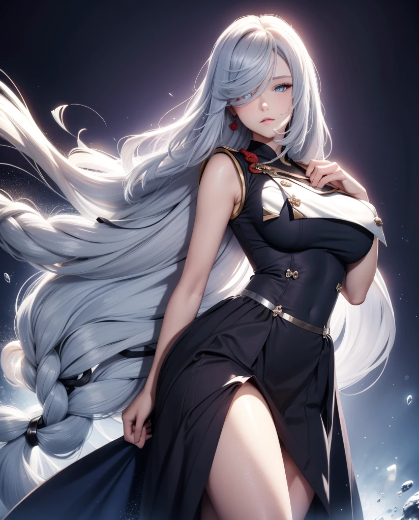     a beautiful girl,   blue eyes  ,     glowing eyes   , sexy long skirt sailor costume ,   closed lips    ,   long hair  ,    high resolution , breasts,   full body ,   silver hair ,   full body ,  high resolution ,  Masterpiece, 