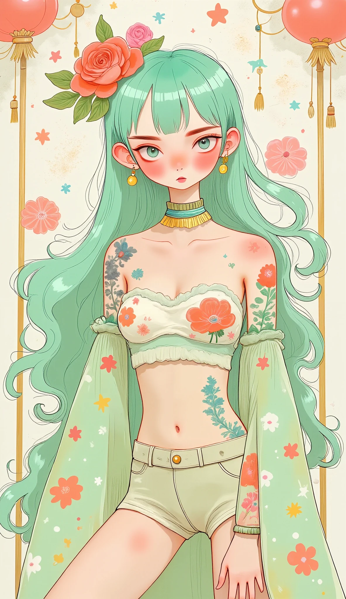  A fascinating surreal illustration of a young German woman ..  She has pastel green hair with straight bangs ., cyan eyes,  and wears a vibrant pastel costume adorned with intricate floral patterns ..  Freckles dot her soft skin , warm complexion, bravely , Colorful tattoos cover her arms and legs..  The tattoos They have reasons traditional Japanese such as flowers and mythical creatures ..,  Represented with meticulous detail in a pastel palette ..  The geometric pattern background that complements the colors of the artwork .. The line work is precise..,  with delicate shading that gives the illustration a 3D quality .  The artwork merges modern illustration techniques with traditional Japanese aesthetics.,  resulting in a visually striking result ,  portrait,AniPnyXLQuality, HashbinPnyXL