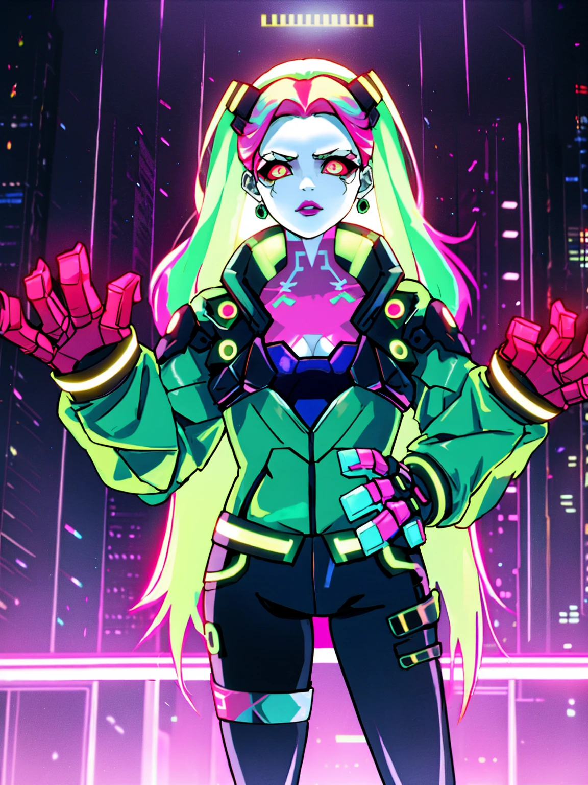 Rebecca\(Cyberpunk\), 1girl, green hair, colored tips, full moon, With red eyes, Jacket, Long sleeves, view the viewer, Medium hair, Colorful hair, Bangs separated, lips parted, Pink-haired, full body, Redlip, Solo, black jacket, cyber punk character\(Series\), Rainy night in neon-lit cyberpunk city,Two-dimensional,cyberpunk edgerunners