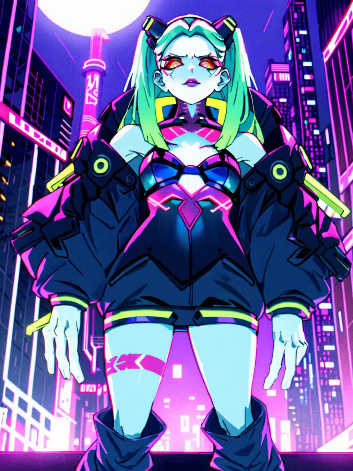 Rebecca\(Cyberpunk\), 1girl, green hair, colored tips, full moon, With red eyes, Jacket, Long sleeves, view the viewer, Medium hair, Colorful hair, Bangs separated, lips parted, Pink-haired, full body, Redlip, Solo, black jacket, cyber punk character\(Series\), Rainy night in neon-lit cyberpunk city,Two-dimensional,cyberpunk edgerunners