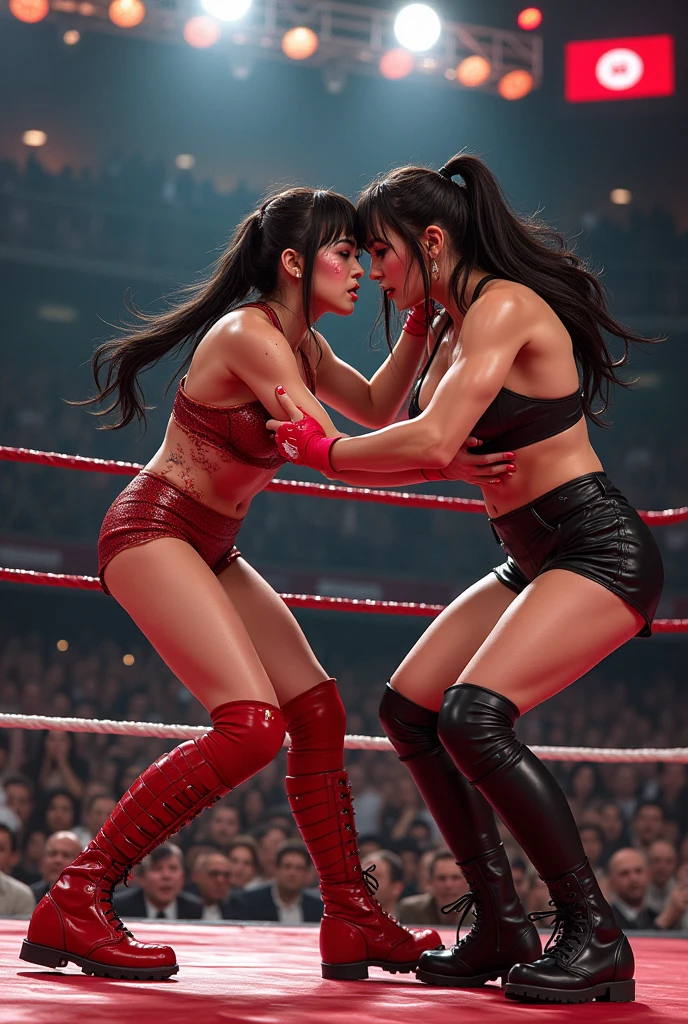 Sexy big tits wrestler in ring wwe logo fighting another sexy wrestler