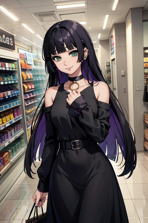 pa-san, blunt bangs, black dress, clothing cutout, shoulder cutout, sleeves past wrists, choker, colored inner hair, black hair, purple hair, green eyes
masterpiece, best quality, absurdres, shopping,light smile