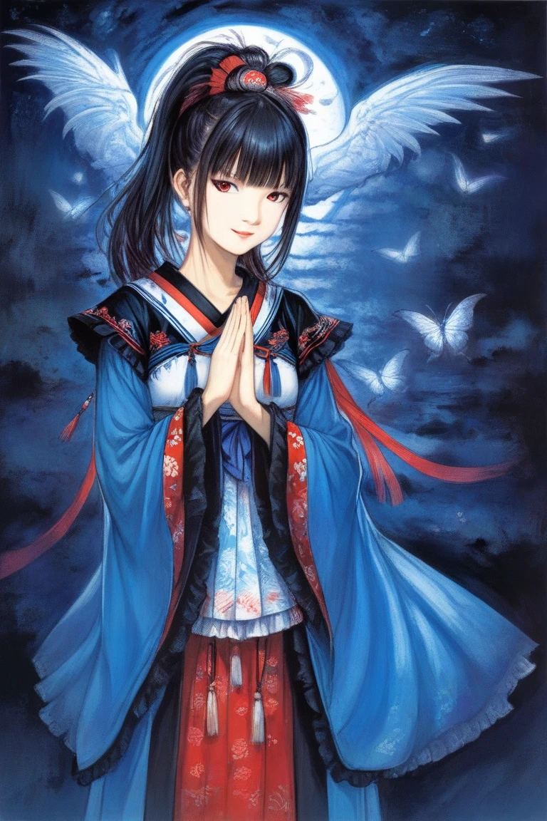 by Yoshitaka Amano, (Broad lighting),  Low Key Lighting, Picturesque, fantasy(  fantasy art , (Yoshitaka Amano)), (Full-length portrait of a woman, suzuka nakamoto xl,  dark ponytail hair, smile,  red eyeshadow), (Black Shrine Maiden Clothes  , black metallic accent , Wings of Light, Blue light), night, Blue Star,  Masterpiece, Prayer Dance 