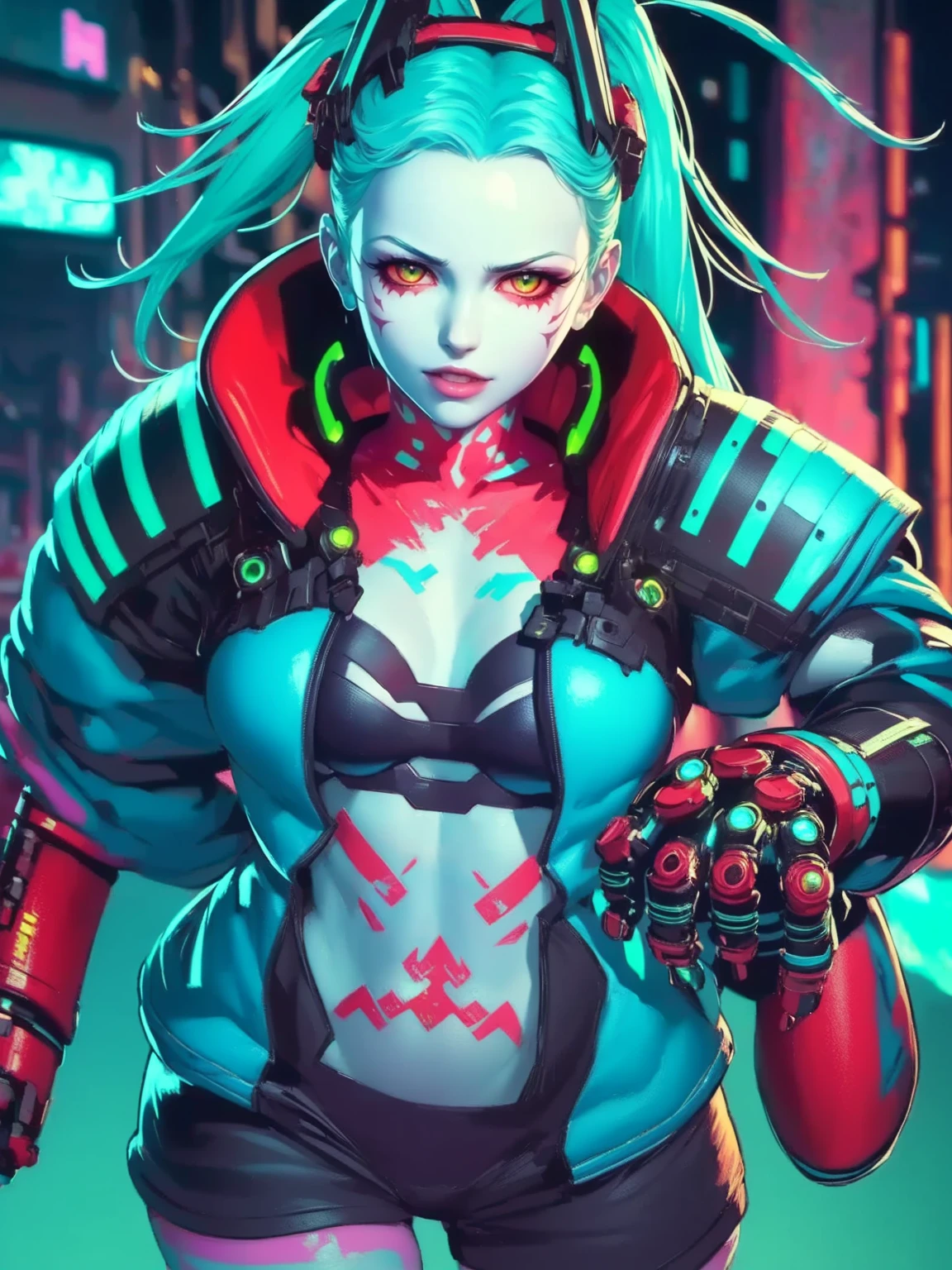 Rebecca, 1girl, young girl, 1 , futuristic cyberpunk, lewd grin, (twin tail, hairband, colored sclera, red sclera, green hair, green pupils, fang, red eyes, wearing a little sexy clothes, black croped jacket ), ((skinny body)) , (((two large gauntlets blue and red:1.4 ))), cinematic, ultra highly detailed, beautiful details, vivid, saturated colors, filigree detailed, tiny details, pop surrealism, cowboy shot. hyper-realistic style, highly detailed textures, reflective and glossy surfaces, cinematic lighting, neon lights reflecting off her skin, urban cyberpunk cityscape in the background, (vivid colors), (high contrast), (sharp focus), (bokeh effect in the background), (moody atmosphere), (digital painting style), (masterpiece: 2), best quality, ultra highres, original, extremely detailed, perfect lighting. (((Abandoned cyberpunk background ))) 