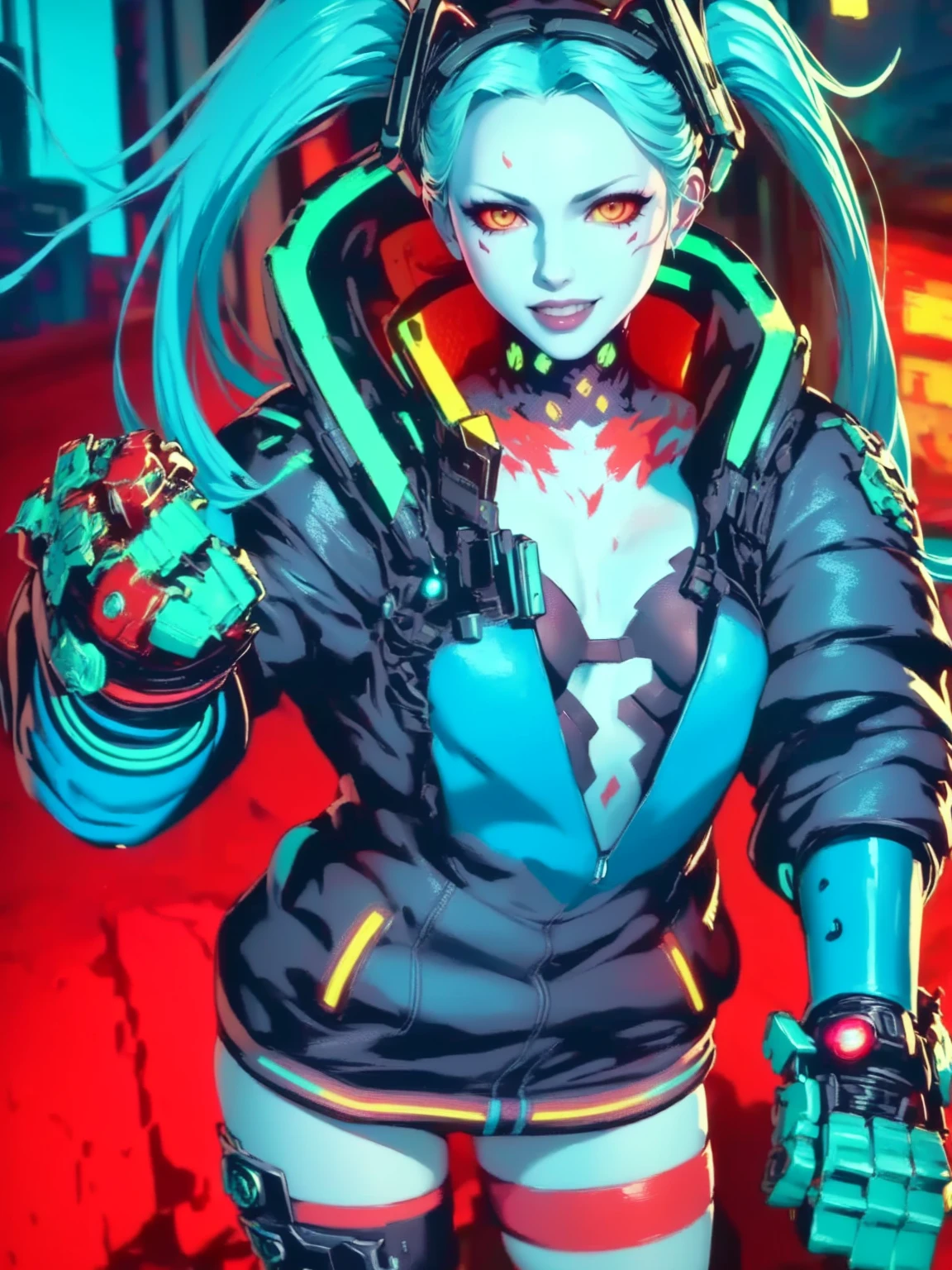 Rebecca, 1girl, young girl, 1 , futuristic cyberpunk, lewd grin, (twin tail, hairband, colored sclera, red sclera, green hair, green pupils, fang, red eyes, wearing a little sexy clothes, black croped jacket ), ((skinny body)) , (((two large gauntlets blue and red:1.4 ))), cinematic, ultra highly detailed, beautiful details, vivid, saturated colors, filigree detailed, tiny details, pop surrealism, cowboy shot. hyper-realistic style, highly detailed textures, reflective and glossy surfaces, cinematic lighting, neon lights reflecting off her skin, urban cyberpunk cityscape in the background, (vivid colors), (high contrast), (sharp focus), (bokeh effect in the background), (moody atmosphere), (digital painting style), (masterpiece: 2), best quality, ultra highres, original, extremely detailed, perfect lighting. (((Abandoned cyberpunk background ))) 