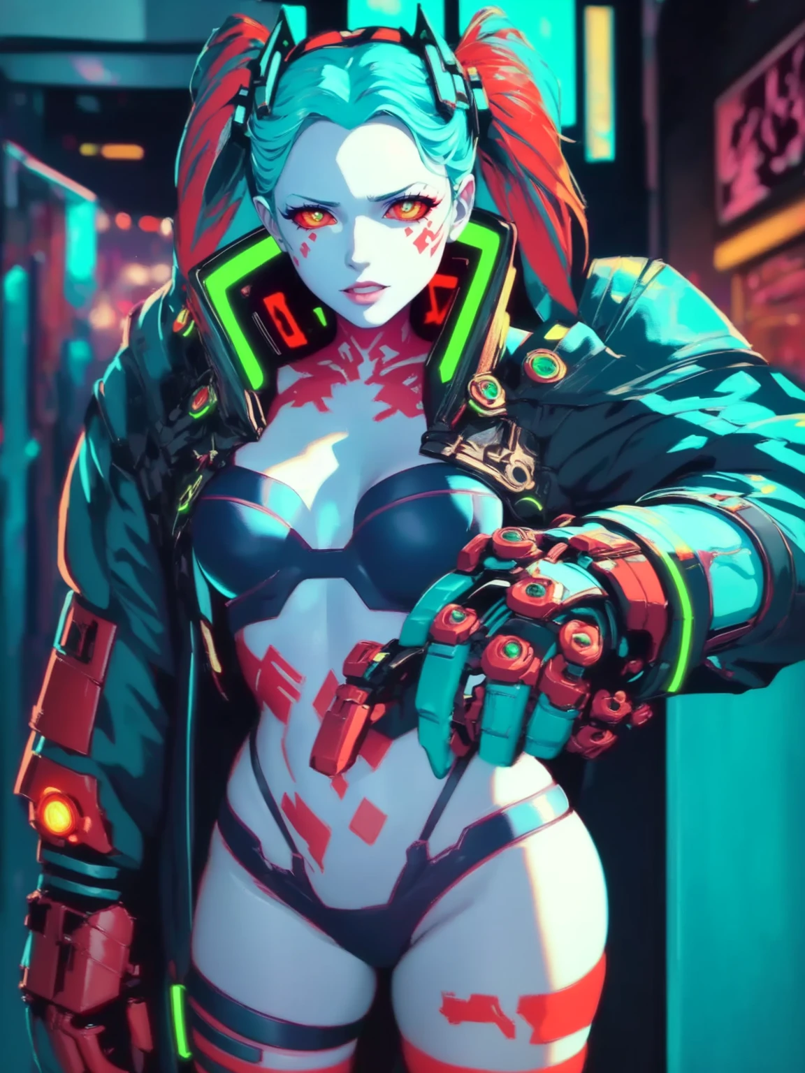 Rebecca, 1girl, young girl, 1 , futuristic cyberpunk, lewd grin, (twin tail, hairband, colored sclera, red sclera, green hair, green pupils, fang, red eyes, wearing a little sexy clothes, black croped jacket ), ((skinny body)) , (((two large gauntlets blue and red:1.4 ))), cinematic, ultra highly detailed, beautiful details, vivid, saturated colors, filigree detailed, tiny details, pop surrealism, cowboy shot. hyper-realistic style, highly detailed textures, reflective and glossy surfaces, cinematic lighting, neon lights reflecting off her skin, urban cyberpunk cityscape in the background, (vivid colors), (high contrast), (sharp focus), (bokeh effect in the background), (moody atmosphere), (digital painting style), (masterpiece: 2), best quality, ultra highres, original, extremely detailed, perfect lighting. (((Abandoned cyberpunk background ))) 