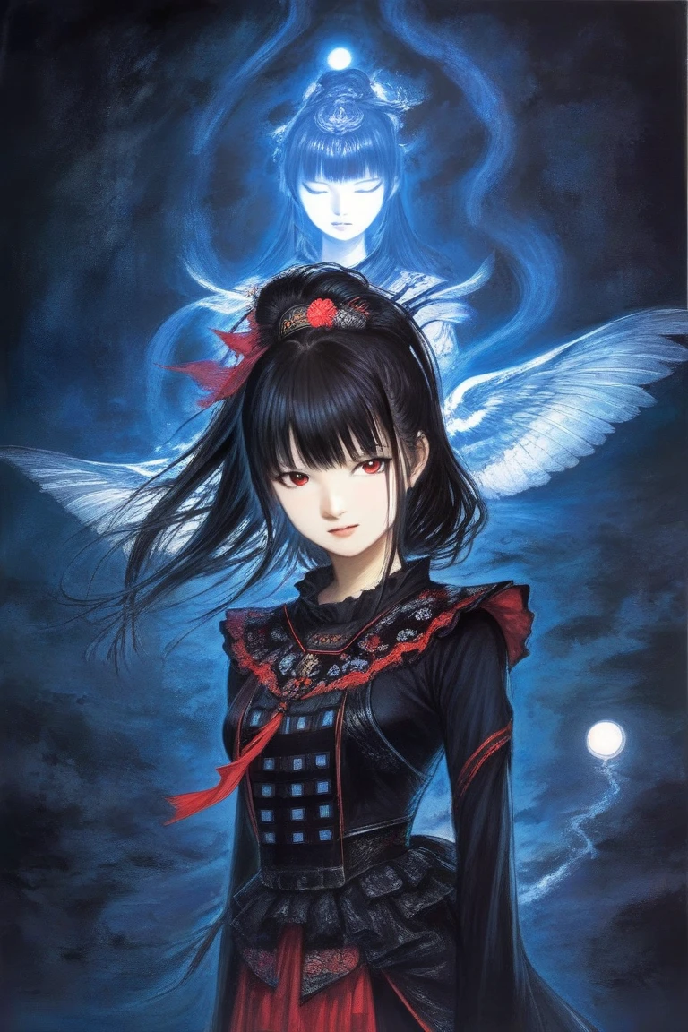 by Yoshitaka Amano, (Broad lighting),  Low Key Lighting, Picturesque, fantasy(  fantasy art , (Yoshitaka Amano)), (Full-length portrait of a woman, suzuka nakamoto xl,  dark ponytail hair, smile,  red eyeshadow), (Black Shrine Maiden Clothes  , black metallic accent , Wings of Light, Blue light), night, Blue Star,  Masterpiece, Start Running