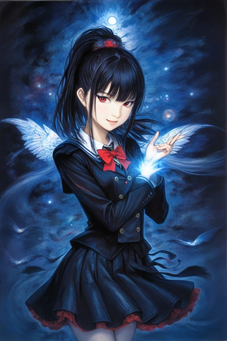 by Yoshitaka Amano, (Broad lighting),  Low Key Lighting, Picturesque, fantasy(  fantasy art , (Yoshitaka Amano)), (Full-length portrait of a woman, suzuka nakamoto xl,  dark ponytail hair, smile,  red eyeshadow), ( black school uniform , black metallic accent , Wings of Light, Blue light), night, Blue Star,  Masterpiece, Start Running