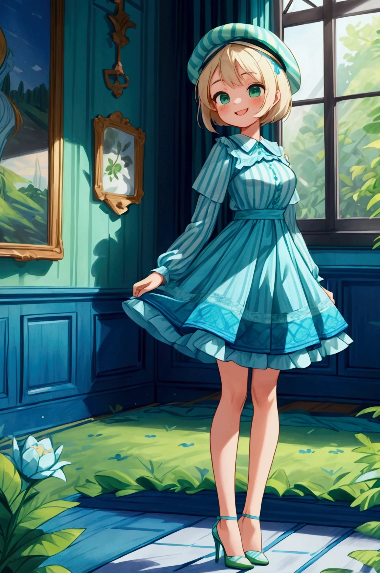 (masterpiece, best quality) 1 girl (Landscape: standing, indoor, intricate detail, sunlight) (Outfit: blue and green frilly striped dress with short neckline, high heels, beret) (Body: white blonde short hair, green eyes, teen gorgeous body, gorgeous legs, lovely, pronounced big breast, smiling