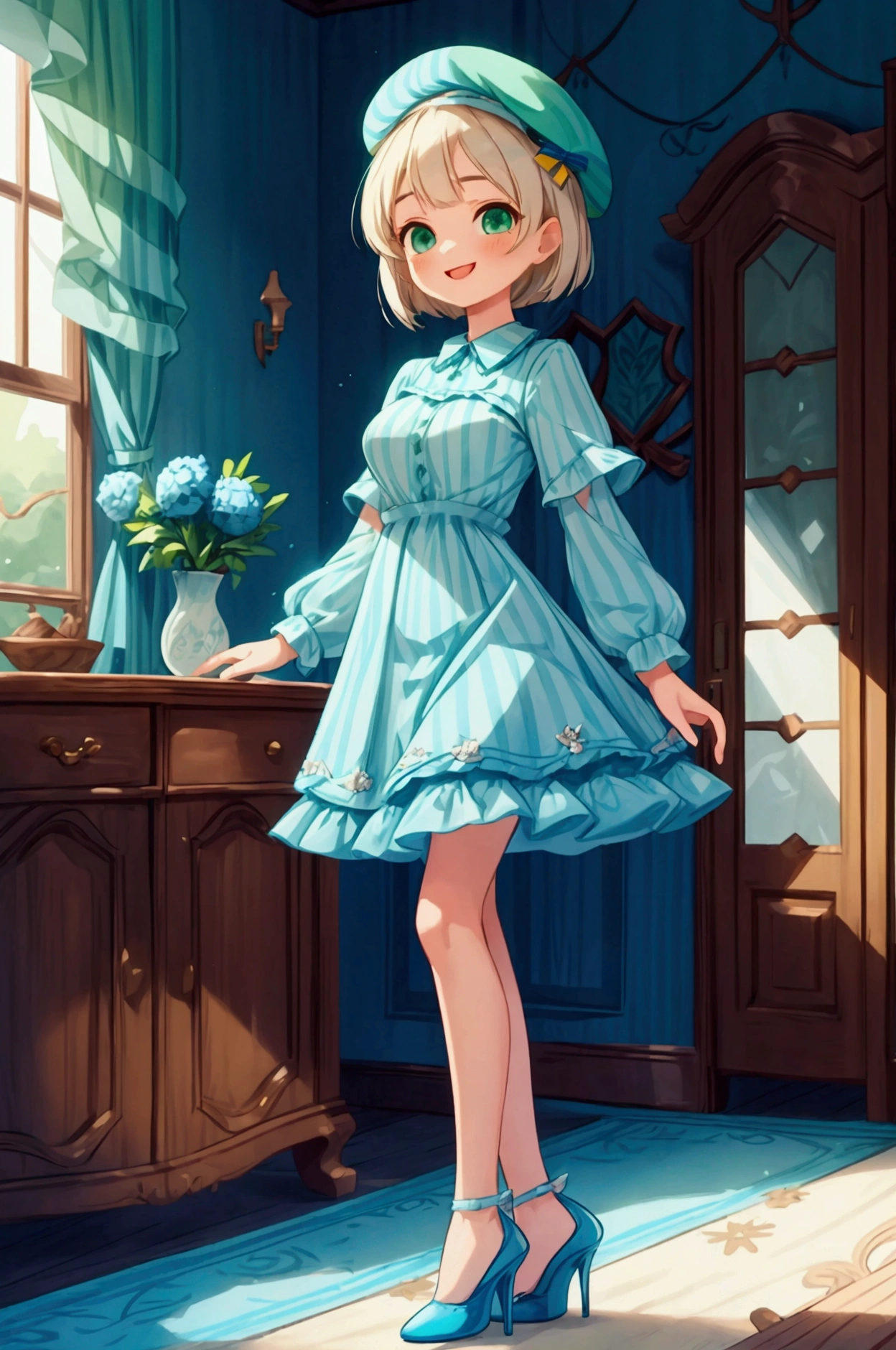 (masterpiece, best quality) 1 girl (Landscape: standing, indoor, intricate detail, sunlight) (Outfit: blue and green frilly striped dress with short neckline, high heels, beret) (Body: white blonde short hair, green eyes, teen gorgeous body, gorgeous legs, lovely, pronounced big breast, smiling