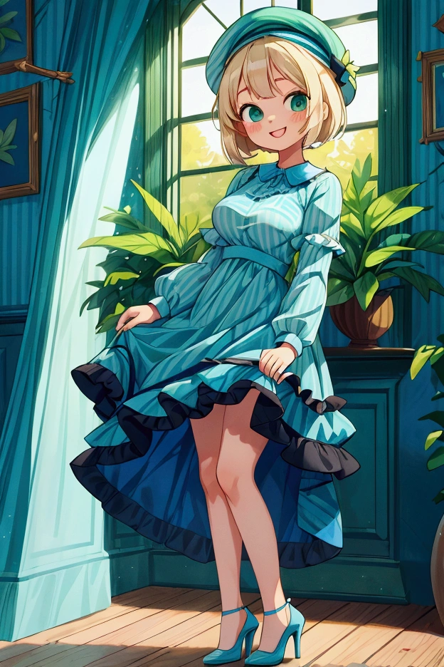 (masterpiece, best quality) 1 girl (Landscape: standing, indoor, intricate detail, sunlight) (Outfit: blue and green frilly striped dress with short neckline, high heels, beret) (Body: white blonde short hair, green eyes, teen gorgeous body, gorgeous legs, lovely, pronounced big breast, smiling