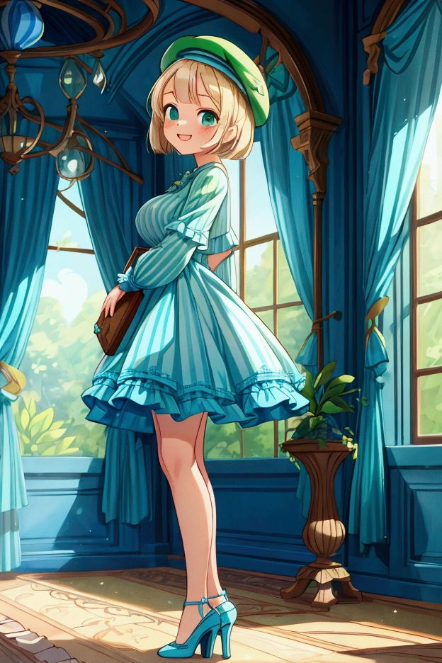 (masterpiece, best quality) 1 girl (Landscape: standing, indoor, intricate detail, sunlight) (Outfit: blue and green frilly striped dress with short neckline, high heels, beret) (Body: white blonde short hair, green eyes, teen gorgeous body, gorgeous legs, lovely, pronounced big breast, smiling