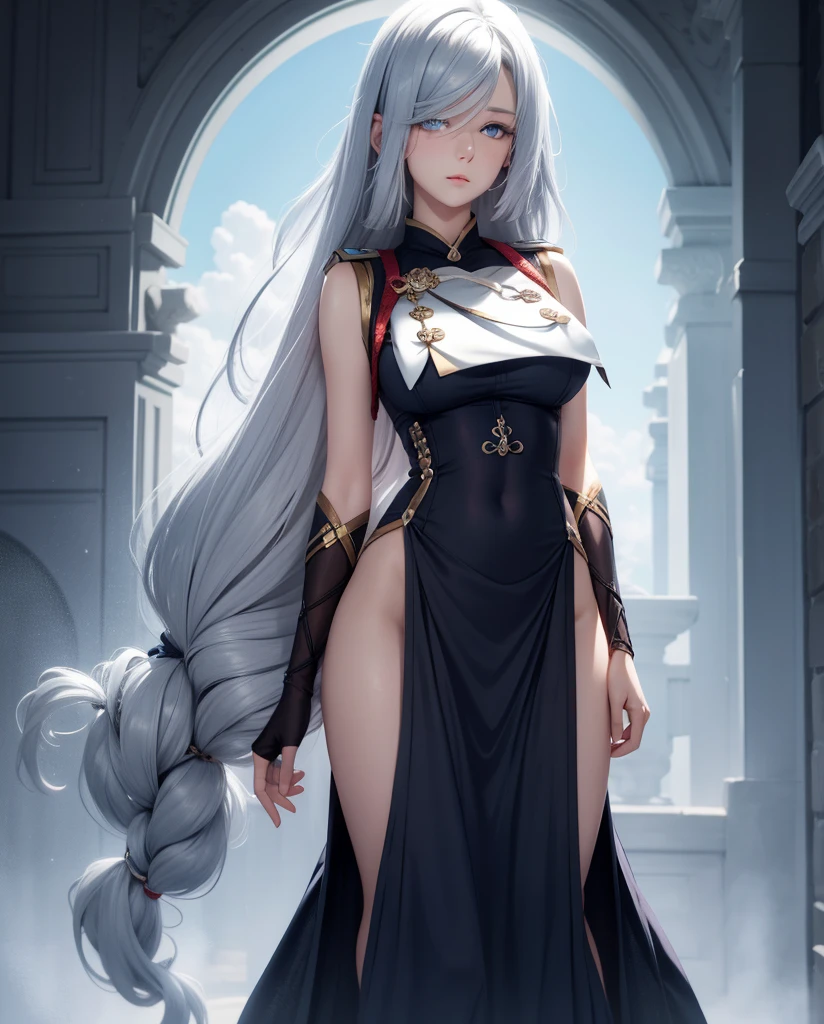     a beautiful girl,   blue eyes  ,     glowing eyes   , sexy long skirt sailor costume ,   closed lips    ,   long hair  ,    high resolution , breast ,   silver hair ,   full body ,  high resolution ,  Masterpiece, 