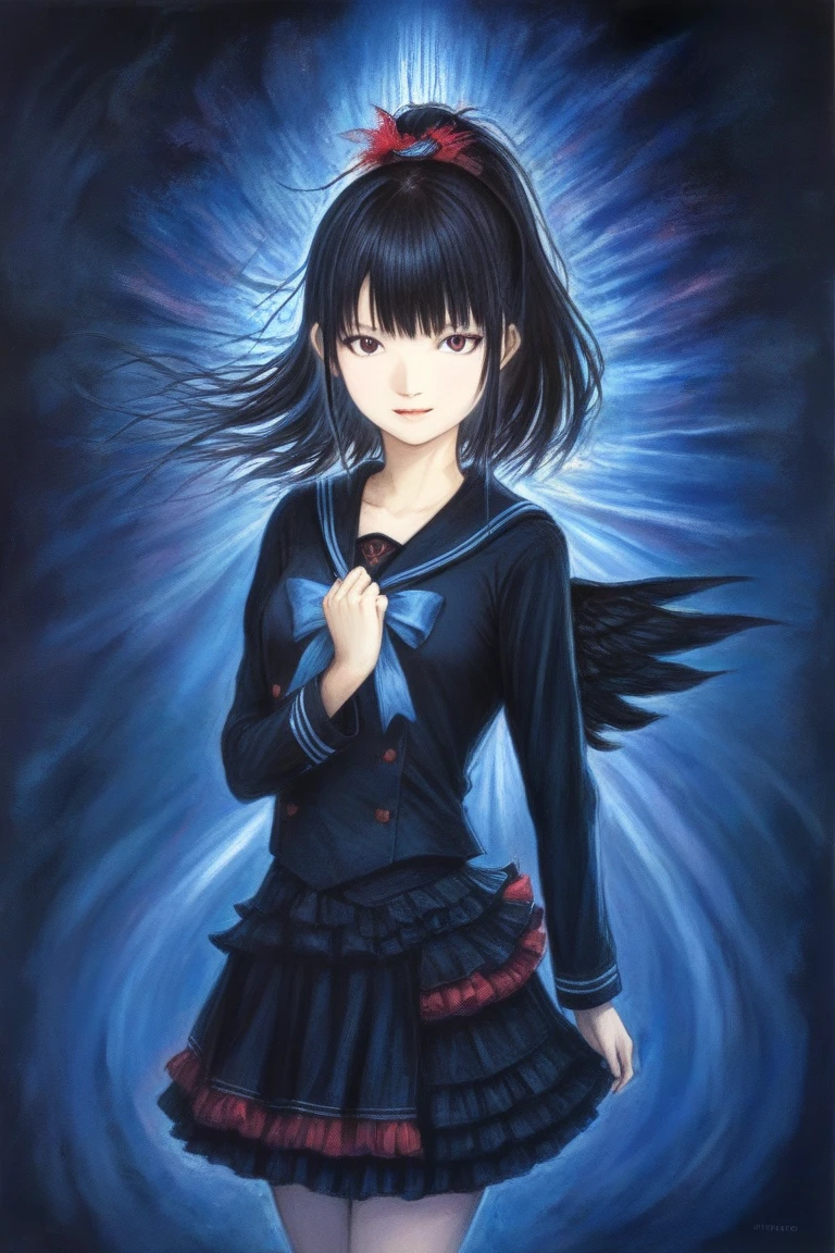 by Yoshitaka Amano, (Broad lighting),  Low Key Lighting, Picturesque, fantasy(  fantasy art , (Yoshitaka Amano)), (Full-length portrait of a woman, suzuka nakamoto xl,  dark ponytail hair, smile,  red eyeshadow), ( black school uniform , black metallic accent , Wings of Light, Blue light), night, Blue Star,  Masterpiece,  dances in the sky