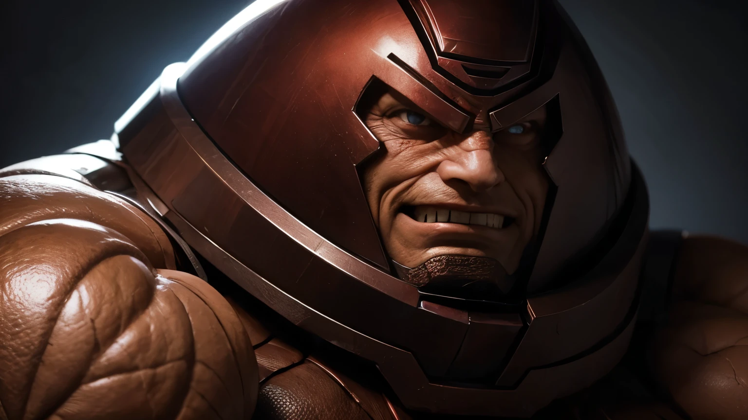 closeup portrait of XMenJuggernaut, brown helmet, evil smile, dark mood, evil theme