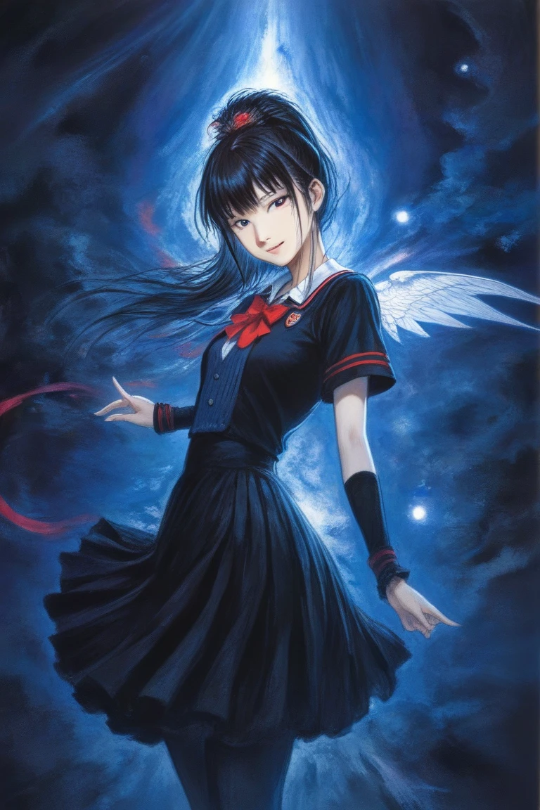 by Yoshitaka Amano, (Broad lighting),  Low Key Lighting, Picturesque, fantasy(  fantasy art , (Yoshitaka Amano)), (Full-length portrait of a woman, suzuka nakamoto xl,  dark ponytail hair, smile,  red eyeshadow), ( black school uniform , black metallic accent , Wings of Light, Blue light), night, Blue Star,  Masterpiece,  dances in the sky