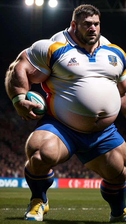 ((highest quality)), ((masterpiece)), (detailed), ((Perfect Face)), 4k, Shaved head, Young Japanese, Muscular, Fat body, Very big man, smile, ((showing off crotch))A large Japanese man shirtless、whole body、Rugby、Thick legs、Thick arm muscles、Intimidating、whole body、((wearing a very very tight rugby-shorts))、black shorts